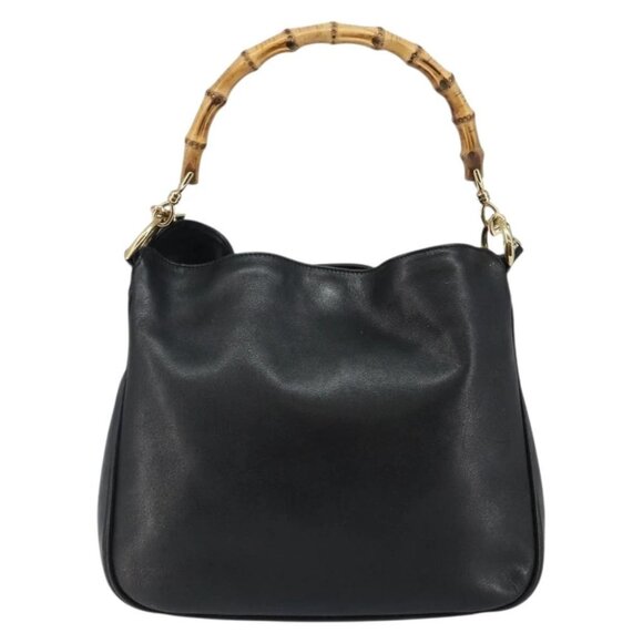 GUCCI Bamboo Shoulder Bag Leather 2way Black Gold 001 1638 Auth 142796 - Picture 2 of 16